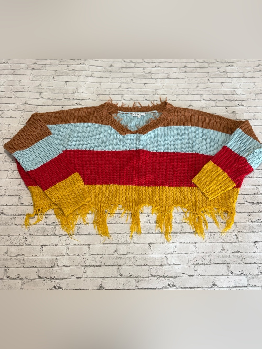 love J Striped V-Neck Cropped Sweater in Brown, Light Blue, Red & Yellow Size L